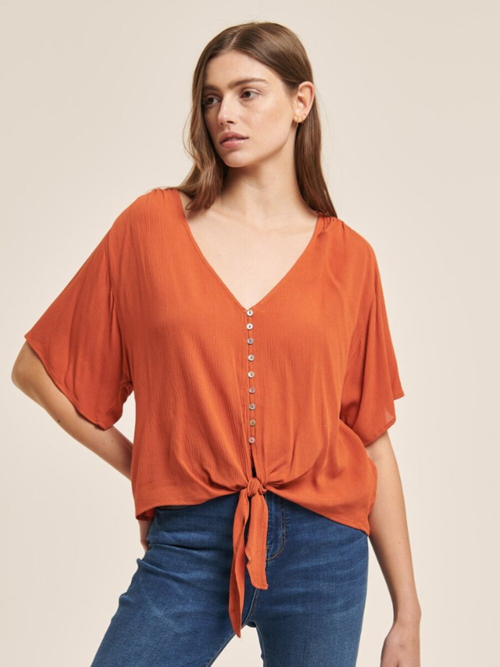 MELLODAY Orange V-Neck Knot-Tie Blouse Top Size Large